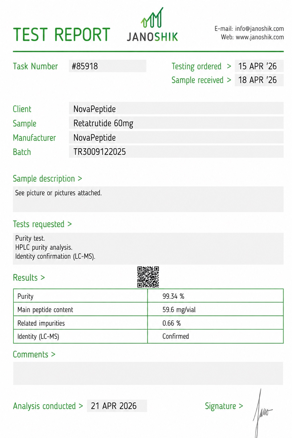 Janoshik Certificate of Analysis for NovaPeptides RT60