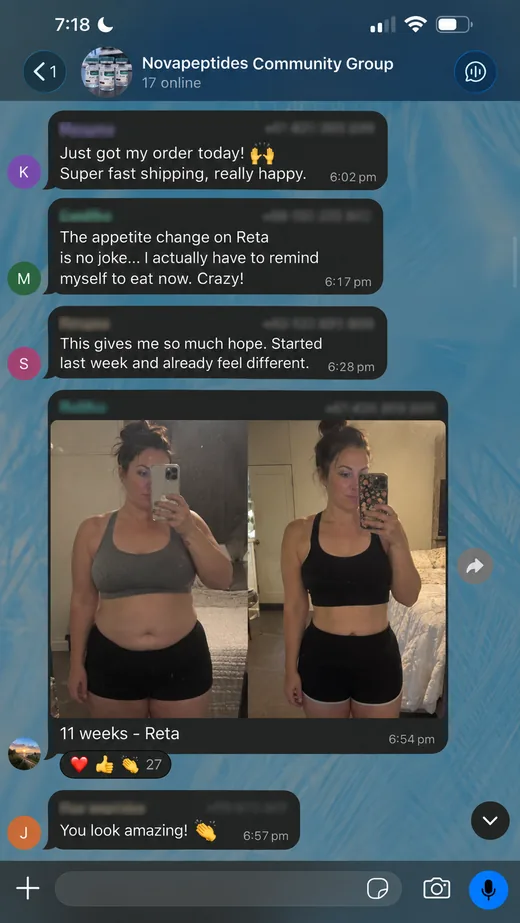 NovaPeptides community member sharing their results in the group chat