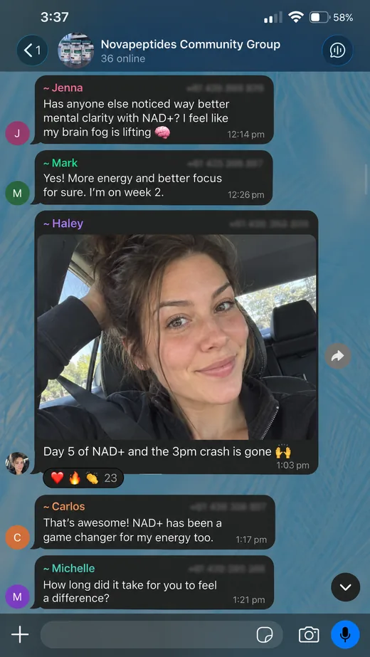 NovaPeptides community member sharing their results in the group chat
