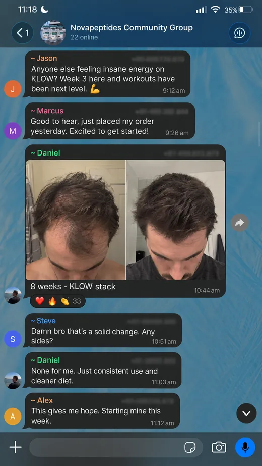 NovaPeptides community member sharing their results in the group chat