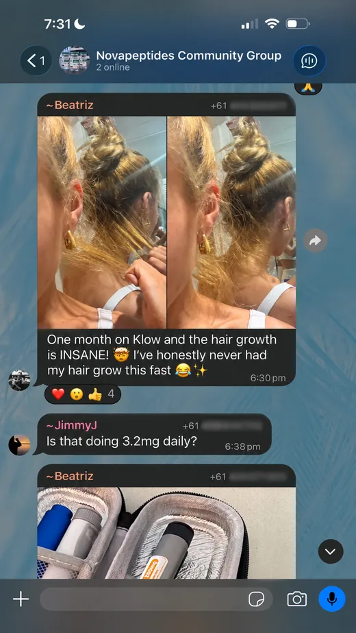 NovaPeptides community member sharing their results in the group chat