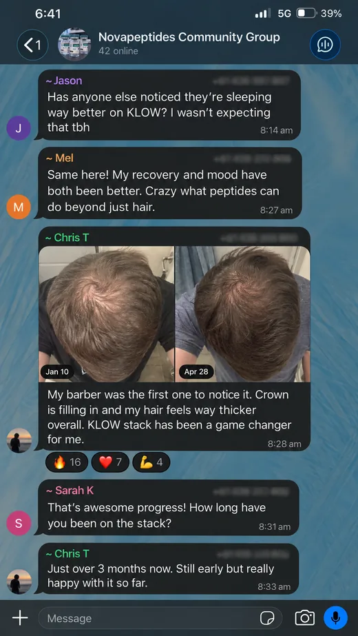 NovaPeptides community member sharing their results in the group chat