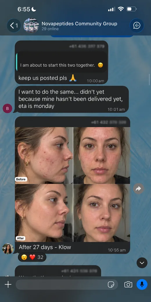 NovaPeptides community member sharing their results in the group chat