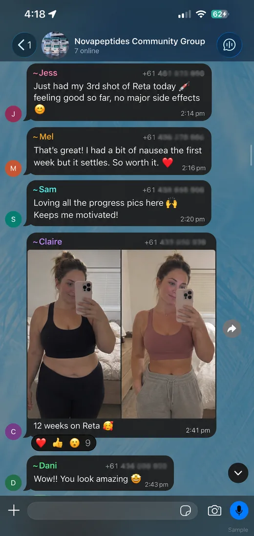 NovaPeptides community member sharing their results in the group chat