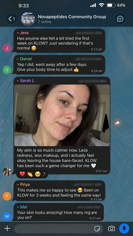 NovaPeptides community member sharing their results in the group chat