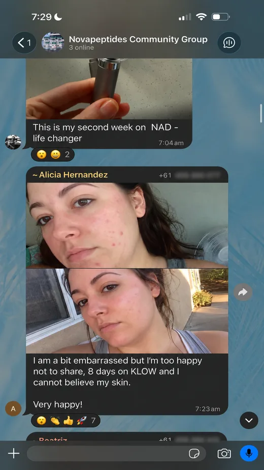 NovaPeptides community member sharing their results in the group chat