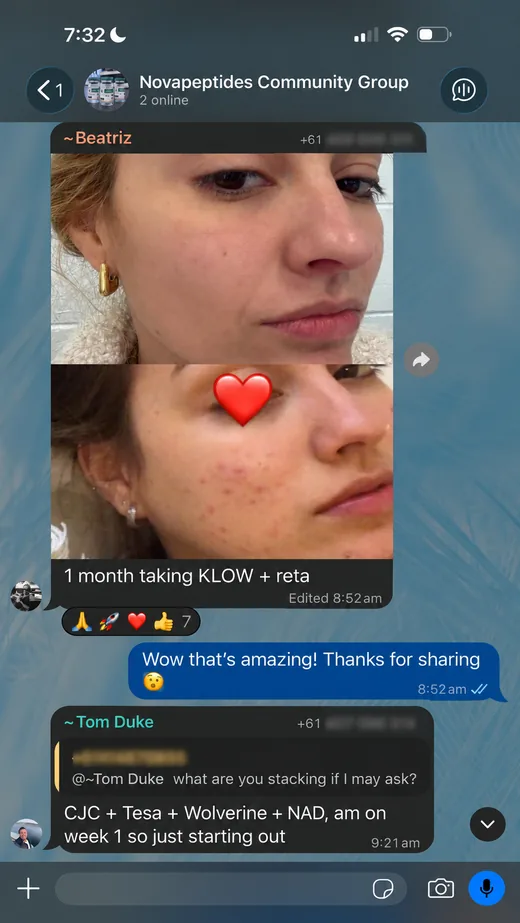 NovaPeptides community member sharing their results in the group chat