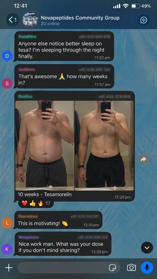 NovaPeptides community member sharing their results in the group chat