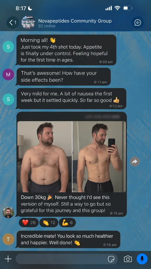 NovaPeptides community member sharing their results in the group chat