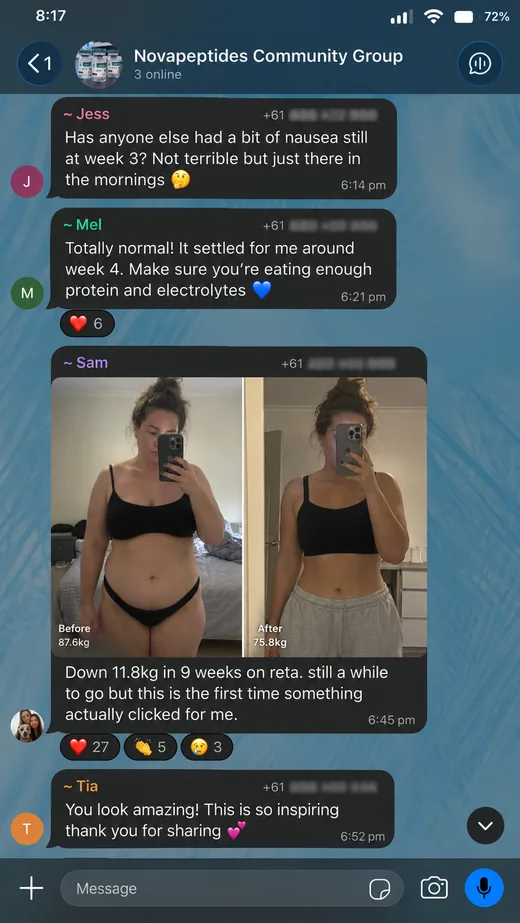 NovaPeptides community member sharing their results in the group chat