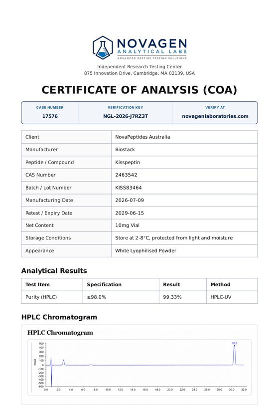 Novagen Certificate of Analysis for Kisspeptin
