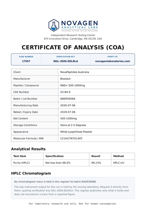 Novagen Certificate of Analysis for NAD+