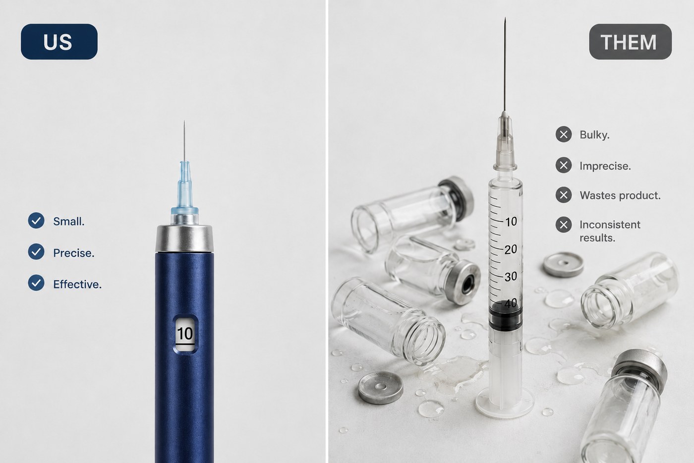 US versus THEM: the small, precise NovaPeptides pen with a tiny needle on the left (small, precise, effective), compared to a bulky, imprecise syringe and scattered, wasted vials on the right (bulky, imprecise, wastes product, inconsistent results)
