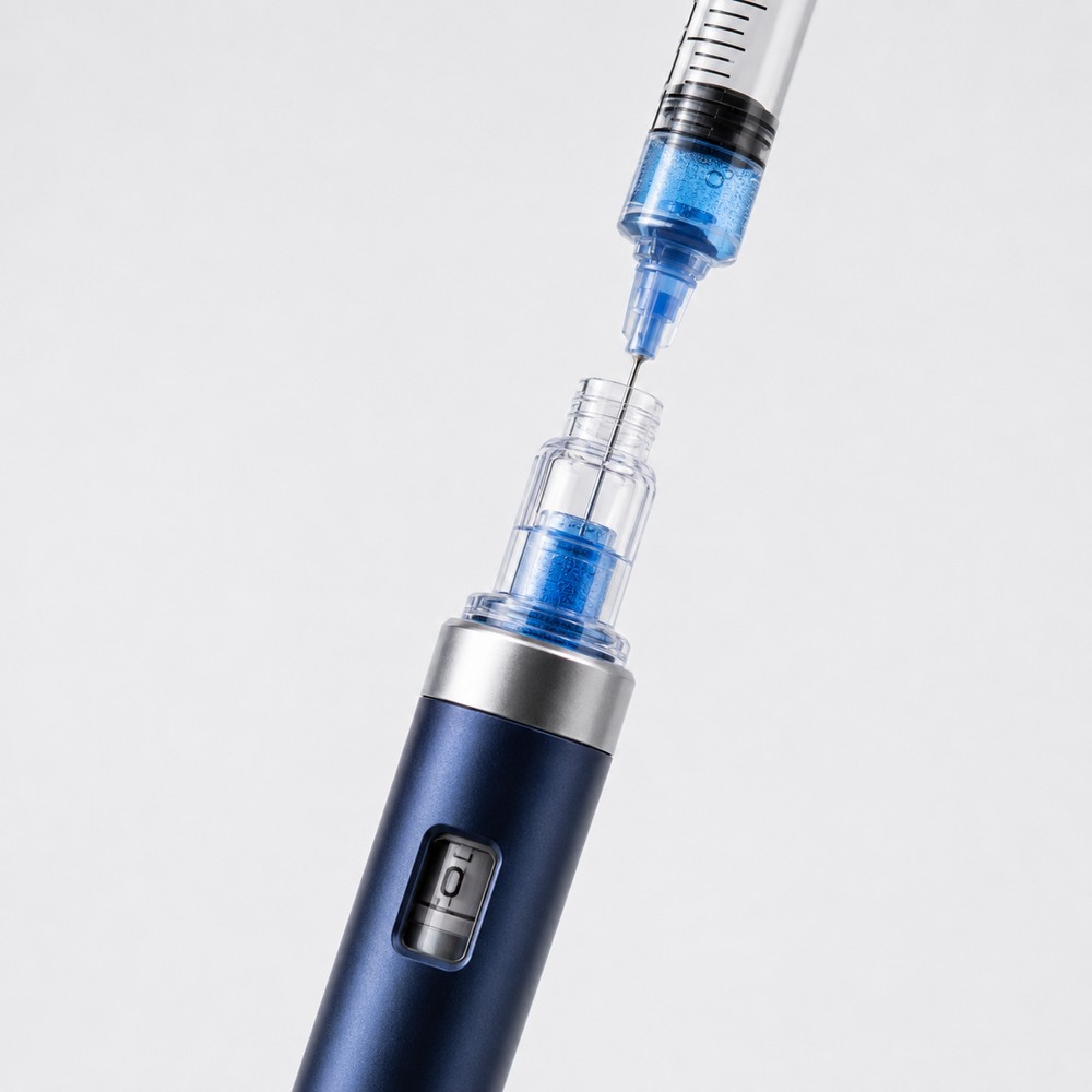 Load the pen: twisting a fresh needle head onto the aluminium peptide pen